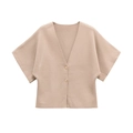 Women's minimalist v-neck knit cardigan with batwing sleeves in beige oatmeal color - S / Khaki