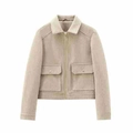 Giacca corta da donna color avena con zip e ampie tasche anteriori in misto lana - XS / Cachi