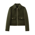 Giacca corta in lana verde scuro da donna con zip metallica e grandi tasche - XS / verde oliva