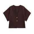 Minimalist dark brown V-neck knit cardigan with ribbed texture and golden buttons - S / Burgundy