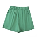 Women's summer shorts in mint green featuring elastic smocked waist and side pockets - XS / Bottoms / Green