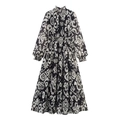 Elegantes Maxikleid mit Stehkragen, Blumenmuster, langen Ärmeln und elastischer Taille - XS / Schwarz