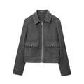 Short dark grey wool-like jacket with metal zipper closure and large front flap pockets - Gray