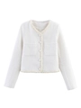 Primer plano de chaqueta de tweed blanca con botones de perlas y ribetes de tela tejida - XS / Blanco