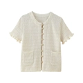 Schicke cremeweiße Strickjacke mit kurzen Ärmeln, Goldknöpfen und Rüschenbündchen - S / Weiße Kurzarm-Strickjacke