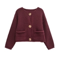 Deep burgundy chunky knit cardigan with round neck and large gold metallic buttons - Burgundy