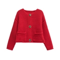 Classic red knit cardigan sweater for women featuring large gold buttons and two pockets - Red