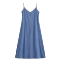 Klassieke lichtblauwe denim midi-jurk met spaghettibandjes en een V-hals A-lijn model - S / Blauw