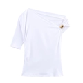 White slim fit one-shoulder top with elegant side gathering and a gold metal ring detail - XS / White