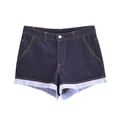 Pantaloncini di jeans da donna blu scuro con eleganti dettagli di balze plissettate blu chiaro - XS / Patchwork Blu Scuro e Blu Chiaro