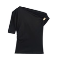 Elegant black one-shoulder top featuring asymmetrical pleats and a gold metallic detail - XS / Black