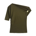 Sleek olive green one-shoulder top with elegant metal buckle and ruched details - XS / Army Green