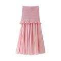 Jupe plissée rose en patchwork avec taille en tricot et bordure à volants élégante - Jupe Plissée Patchwork Rose