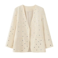 Minimalistische beige blazer voor dames met zilveren paillettenstippen en diepe V-hals - S / Broken Wit