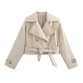 Klassieke beige double-breasted korte trenchcoat met tailleriem en schildpadknopen - S / Broken Wit