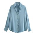 Elegante grijsblauwe satijnen blouse met lange mouwen en klassieke kraag voor dames - XS / Hemelsblauw