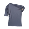 Haut asymétrique bleu ardoise avec anneau en métal doré et drapé latéral élégant - Bleu gris