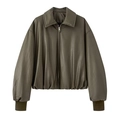 Women's dark olive green faux leather bomber jacket with ribbed cuffs and metal zipper - S / Olive Green