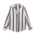 Klassieke blauw-wit verticaal gestreepte damesblouse met lange mouwen en een reverskraag - XS / Blauw Gestreept
