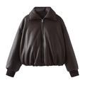 Short faux leather puffer jacket in dark coffee with zipper and ribbed trims - S / Brown