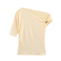 Haut élégant crème à épaule dénudée avec détails froncés et boucle en métal doré chic - Blanc Cassé