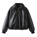 Oversize black PU leather bomber jacket with large lapel and silver zipper detail - S / Black