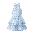 Franse stijl halterjurk met bloemenprint in blauw chiffon met gelaagde ruches - S / Blauwe Bloemenprint
