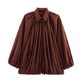 Dunkelbraune Oversized-Plissee-Bomberjacke für Damen mit Reißverschluss und Revers - S / Weinrot
