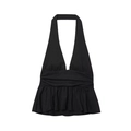 Women's black halter neck crop top with V-neckline, tiered ruffles and pleated details - S / Black