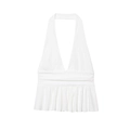 Elegant white halter neck top with deep V-neckline and layered pleated ruffle hem detail - S / White