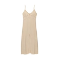 Beige linen blend midi slip dress with V-neck lace trim and front slit design - XS / Beige