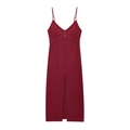 Burgundy linen blend midi dress with lace trim, empire waist, and front high slit - XS / Burgundy