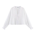 Blusa blanca de manga larga para mujer con cuello en V y detalles bordados calados - XS / Blanco
