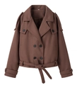 Detailansicht der braunen Wolljacke mit Doppelreiher-Knöpfen und verstellbarem Gürtel - S / Braun