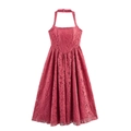 Elegant rose red halter neck dress with intricate jacquard lace and A-line silhouette - XS / Red