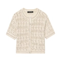 Schicker beige hohlgehäkelter Strick-Cardigan mit kurzen Ärmeln und Perlenknöpfen - S / Gebrochenes Weiß