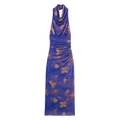 Détails du col bénitier et des plis à la taille sur robe longue fleurie bleue - XS / Imprimé Bleu