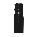 Elegantes schwarzes ärmelloses Midi-Kleid mit goldener Blumengürtelschnalle und Zierknöpfen - XS / Schwarz