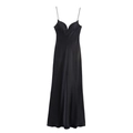 Elegante abito lungo in raso nero con scollo a V e spalline sottili a spaghetti - XS / Nero
