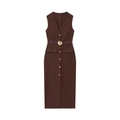 Ärmelloses Midikleid in Braun mit V-Ausschnitt, Goldknöpfen und Gürtel mit Blumenschnalle - XS / Braun