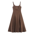 Polka dot midi dress with spaghetti straps and a-line skirt for vintage spring fashion - XS / Brown Polka Dot