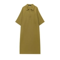 Linen short-sleeved polo dress in mustard green with V-neckline and chest pocket - XS / Olive Green
