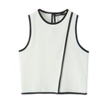 Women's sleeveless white crepe top with contrast black trim and round neckline - S / White