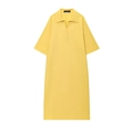 Bright yellow pure linen midi dress featuring a classic polo collar and chest pocket - XS / Yellow