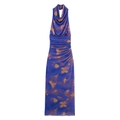 Donkerblauwe halter maxi-jurk met oranje bloemenprint en gedrapeerde watervalhals - XS / Blauwe Print