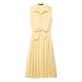 Vestido camisero sin mangas amarillo pálido con cuello clásico y cinturón de lazo - XS / Amarillo