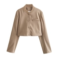 Detail of khaki cropped jacket featuring a ribbed collar and button closure - S / Khaki Jacket