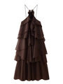 Detail of ruffled brown backless dress with a decorative 3D floral accent at the neck - S / Brown