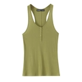Eng anliegendes, avogadogrün geripptes Baumwoll-Racerback-Top mit Henley-Ausschnitt - S / Olivgrün