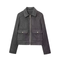 Close-up of dark grey wool jacket featuring a silver metal zipper and flap pockets - Dark Gray
